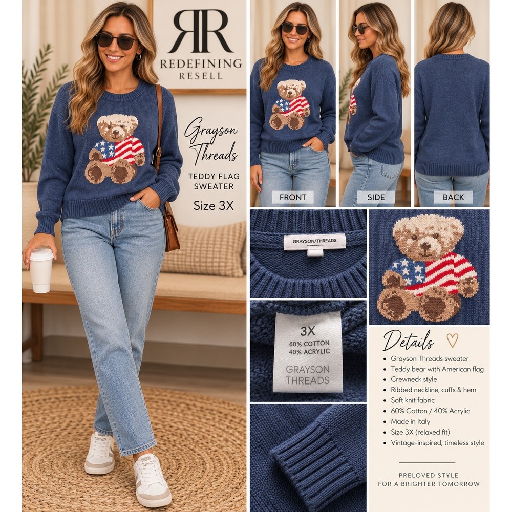 Grayson Threads Navy Blue Teddy Bear American Flag Sweater Plus Size 3X